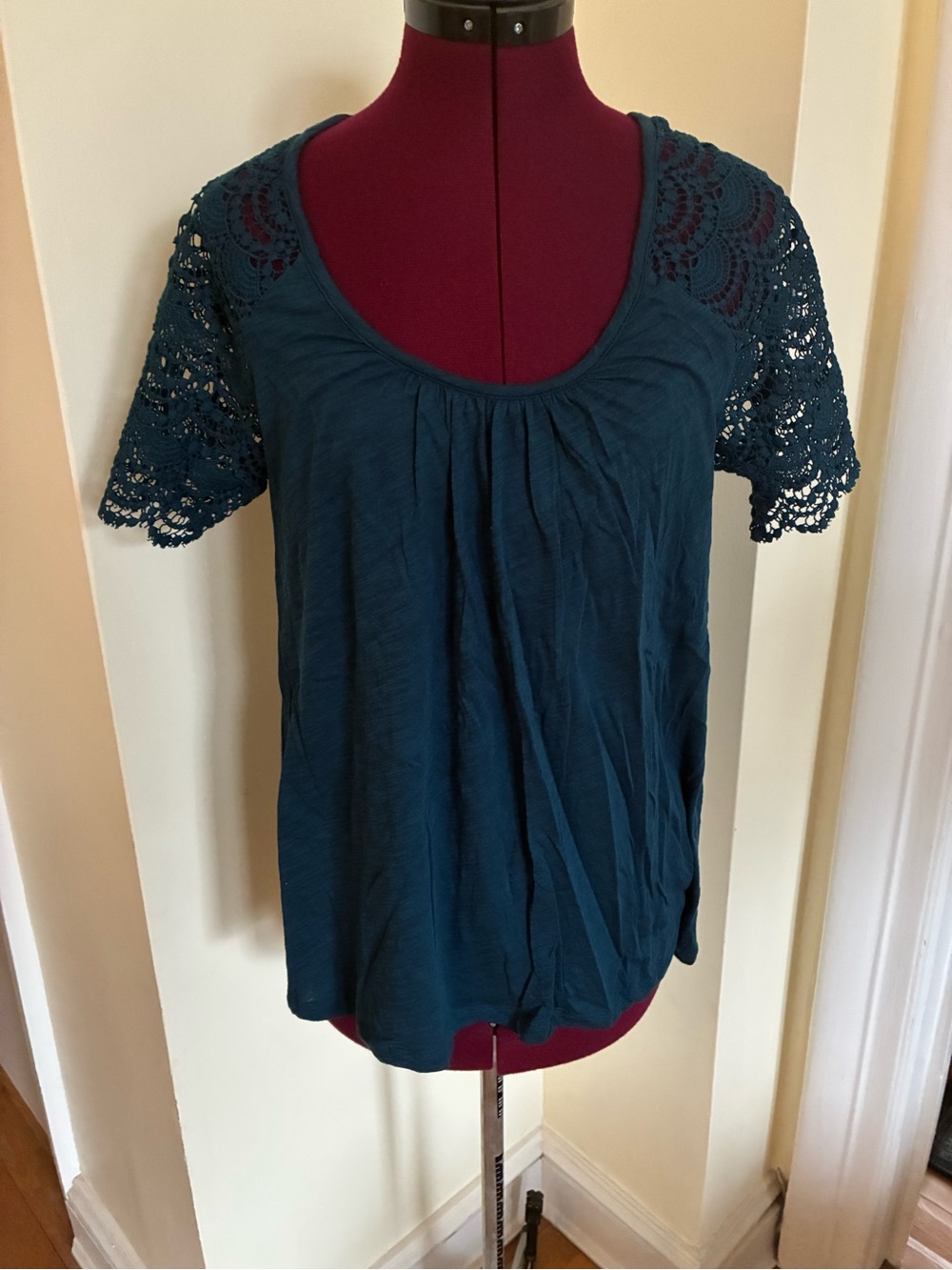 Anthropologie Teal Crochet Sleeve Scoop Neck Tee